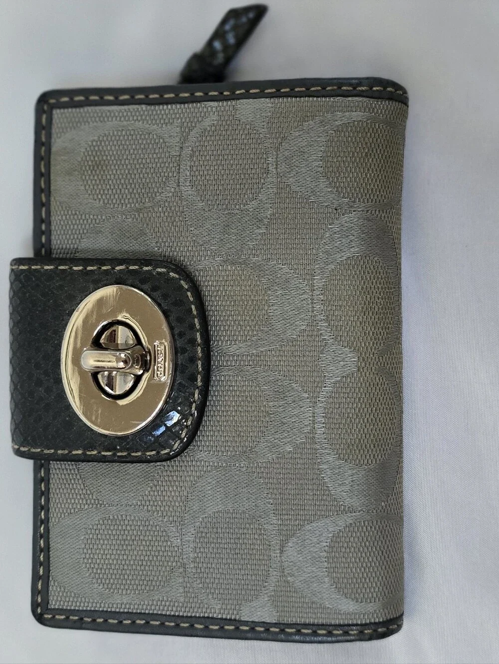 Coach Grey Signature Canvas & Python Trim Turnlock Medium Wallet
